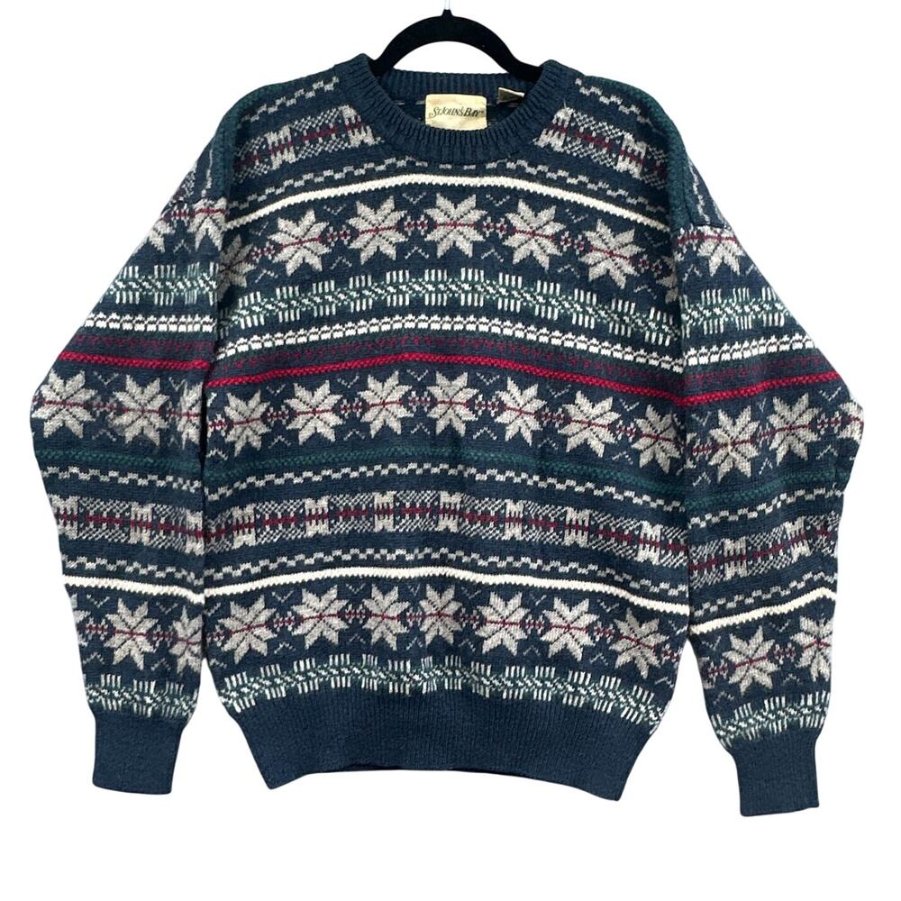 VTG Wool Sweater Lg 90s Grandpa Jumper Kurt Cobain Nordic Pattern Snowflake 80s